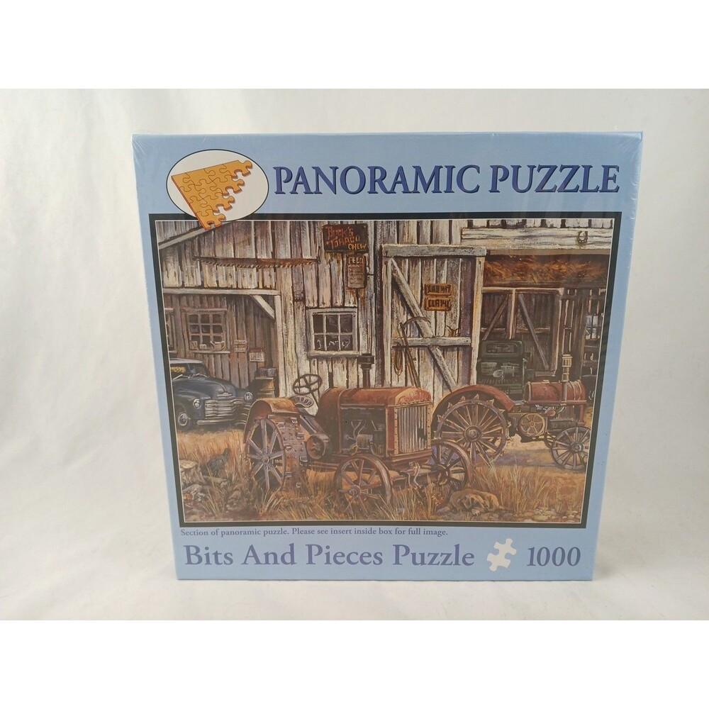 Bits and Pieces 1000 Piece Panoramic Puzzle-Still Waiting for Parts-Tractor-NEW!